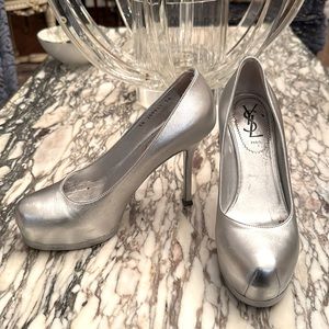 Yves Saint Laurent YSL Tribtoo 80 Nappa Silk Platform Heels Shoes Silver 36 6